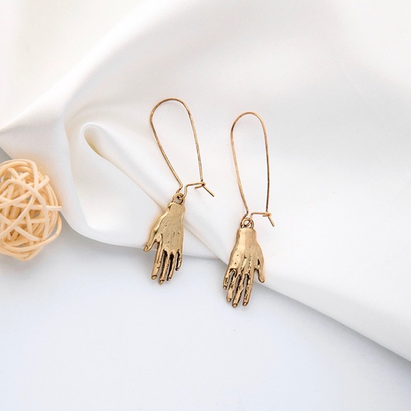 2/$20!  Antiqued Gold Palmistry Hand Earrings - Picture 2 of 7